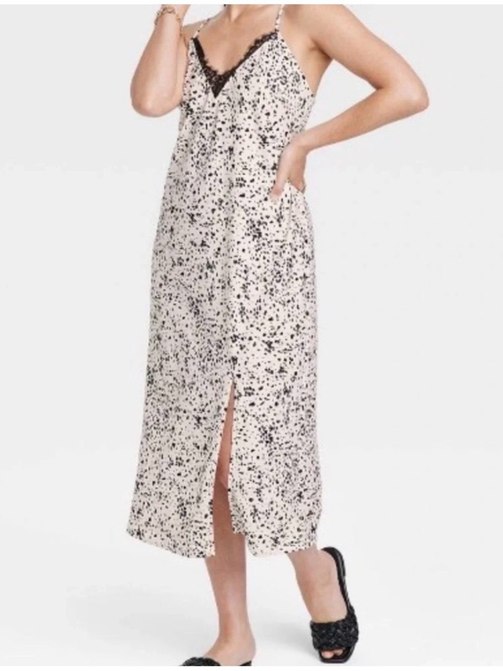 Classy Satin Like Spotted Black Lace-Trim Slip Animal Print Slit Dress Plus Size